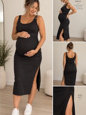 Impreso Black Ribbed Maternity Bodycon Midi Dress Size Large